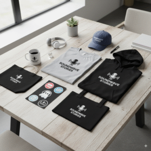 Flat Lay of Branded Merch Items T-shirts, mugs, stickers, tote bags, and caps laid out neatly on a table with your podcast logo or catchphrase on them. Clean and instantly recognisable. Fans Wearing Merch While Listening People wearing branded shirts or hoodies with headphones on, laughing while listening to a podcast. Conveys enthusiasm and fan connection. Podcast Host Holding Branded Products The host sitting at their mic with branded items (like a mug, notebook, or cap) in front of them. Shows personal endorsement. E-commerce Style Product Display Professional-looking mockups of your merch on a minimal background (as if from an online shop). Makes the idea of selling merch feel easy and polished. Unboxing Branded Merch Hands opening a box full of your podcast-branded merchandise with excitement. Evokes delight and fan loyalty.