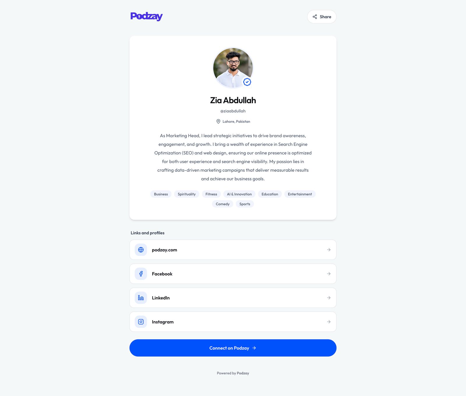 Desktop example of a Podtree profile with a bio, topics, links, and a Connect on Podzay button