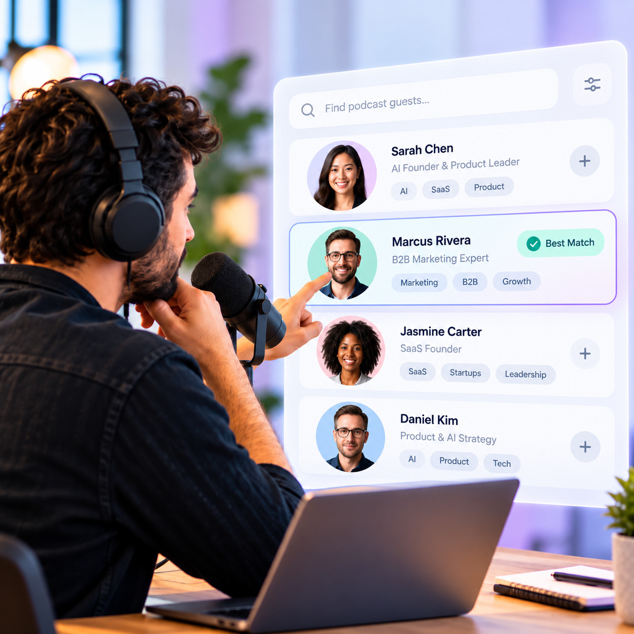 Podcast host selecting a relevant guest for an upcoming episode